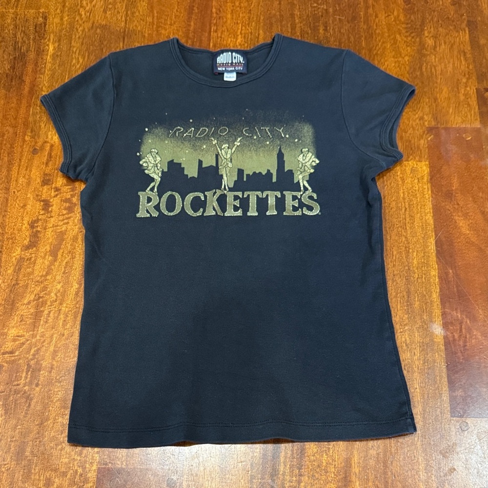 Y2K New York City NYC Radio City Rockettes Black Tee - Gold Sparkle Print